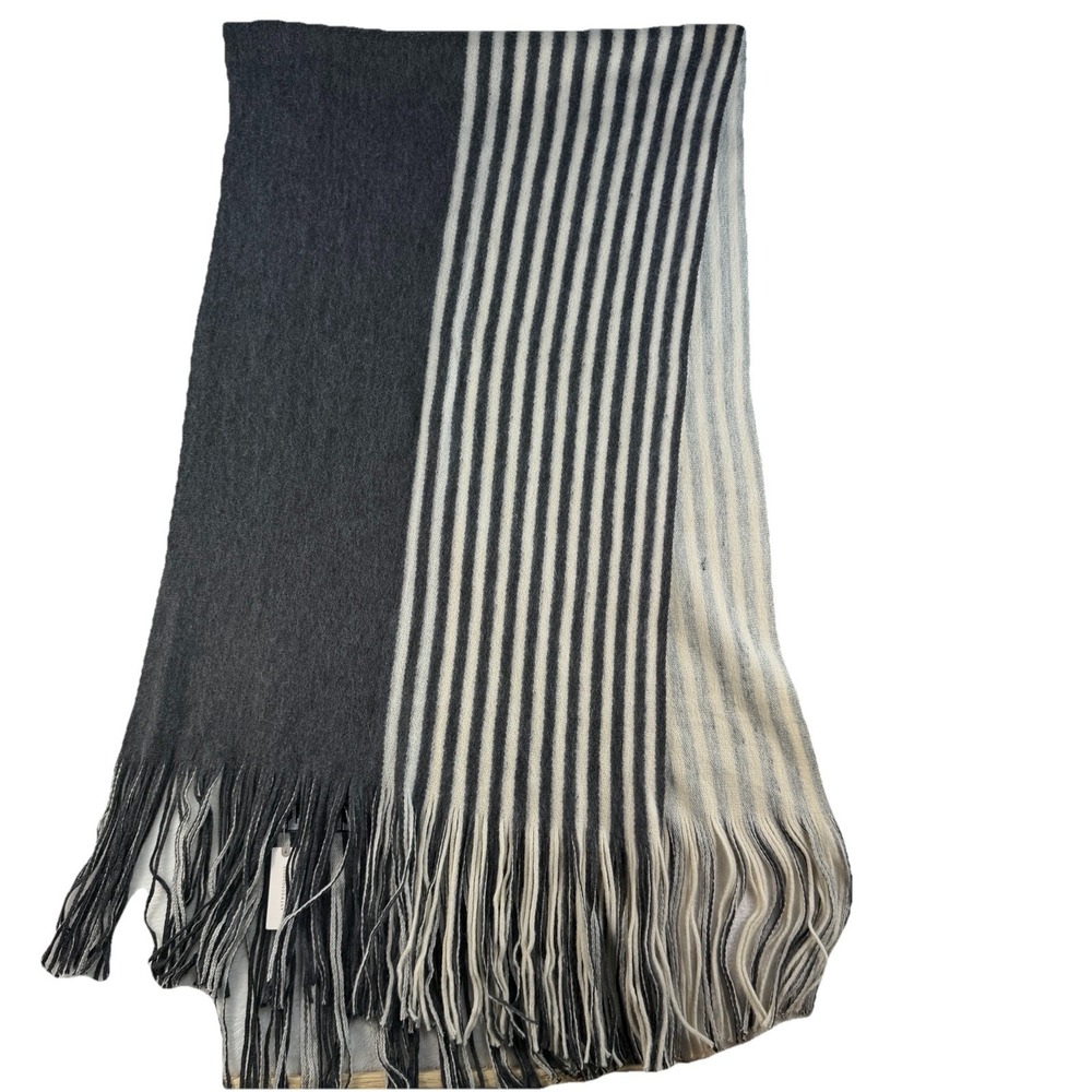 Anthropologie Long Fringed Scarf Wrap Knit Gray Striped Warm Soft Reversible NEW